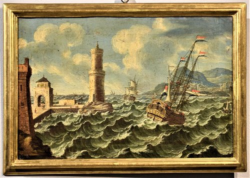 Marine in tempesta con galeoni sulle coste